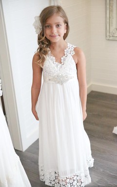 Floor-Length V-neck Boho Ethereal  Sleeveless Empire Petite Dress For Flowergirl