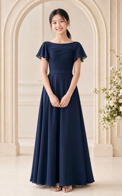Dark Navy Junior Bridesmaid Dress A-Line Off-the-shoulder Short Sleeve Petal Ruched Romantic