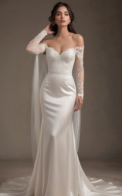 Sexy schulterfreies, transparentes, langärmeliges Etuikleid aus Satin für die Hochzeit