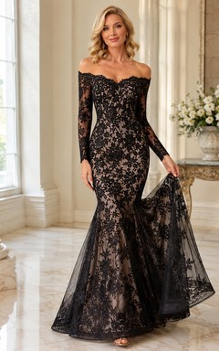 Black Lace Off-the-shoulder Long Sleeve Mermaid Floor-length Evening Gown