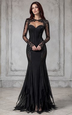 Vintage Black Illusion Long Sleeve Lace Mermaid Sweep Train Gothic Evening Gown