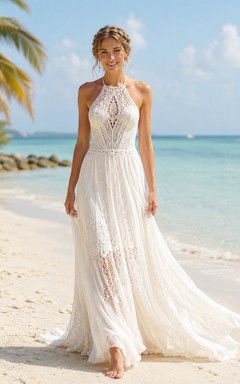 Bohemian Halter Lace Vestido Noiva Praia A Line Backless Sweep Train