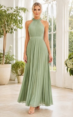Sage Green High Neck Sleeveless Chiffon A-Line Floor-Length Dress
