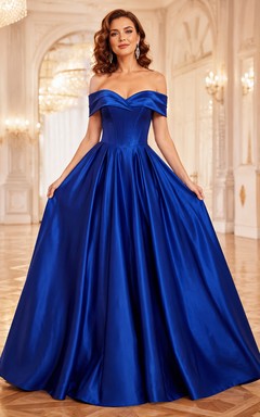 Royal blue off shoulder satin ball gown with full skirt