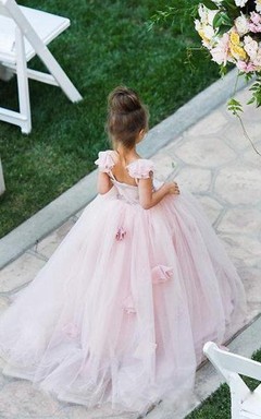 Flower Girl Spaghetti Straps Tulle Ball Gown With Flowers