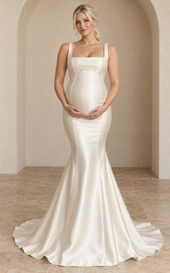 Robe de mariée de maternité sirène simple à encolure carrée et bretelles en satin avec traîne