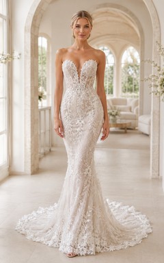 Robe de mariée champêtre classique en dentelle, bustier cœur, sirène, traîne chapelle, applications florales