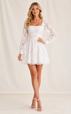 Romantic White Square Neck Long Sleeve Lace Homecoming Mini Dress