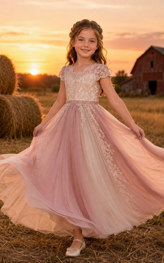 Blumenmädchenkleid aus rosafarbener Spitze und Tüll, A-Linie, Rundhalsausschnitt, Teelänge