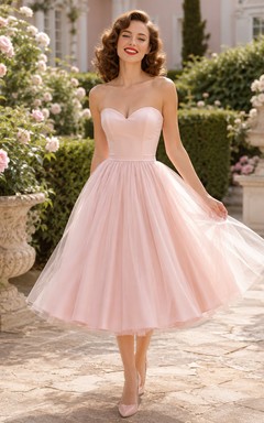 Princess Blush A-Line Tea-length Strapless Sleeveless Tulle Romantic Vintage Cocktail Guest Garden Dress
