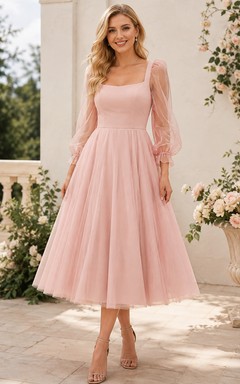 Vestido de cóctel formal romántico de corte A, largo hasta la rodilla, color rosa perla agua de rosas, con escote cuadrado, mangas abullonadas y tul.
