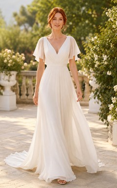 Vestido de novia de tul y gasa para la playa, corte en A, escote en V, mangas con volantes, largo hasta el suelo.