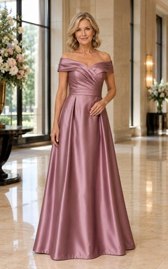 Altrosa Satin-Kleid mit schulterfreiem Ausschnitt und A-Linien-Schnitt für Mütter