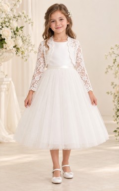 Vestido de niña de flores blanco de corte A, largo hasta la rodilla, manga larga, encaje y tul, bolero con cinturón.