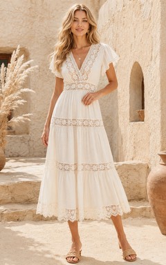 Robe de mariée bohème en mousseline de soie, coupe trapèze, longueur thé, col en V, manches courtes, style prairie en dentelle