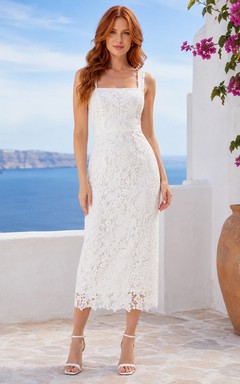 Robe de cocktail de plage blanche à bretelles carrées et dentelle, longueur midi