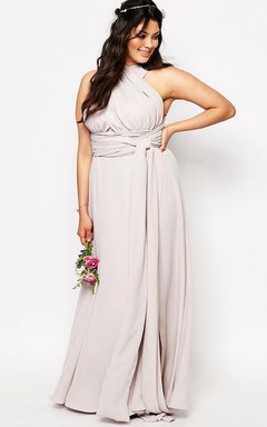 Halter Sleeveless Ruched Chiffon Sage Green Bridesmaid Dress With Split Front