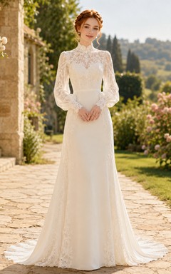 Brautkleid aus Spitze im Meerjungfrauenstil mit V-Ausschnitt, langen Ärmeln und Kapellenschleppe
