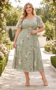 Robe de soirée grande taille en mousseline de soie à col carré et manches papillon, ornée de fleurs, taille Sage.
