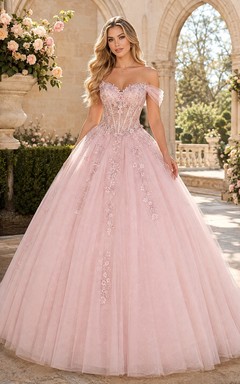 Pink Off Shoulder Tulle Princess Ball Gown Quinceanera Dress