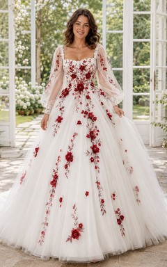 Rotes, geblümtes Ballkleid aus Tüll, Brautkleid mit V-Ausschnitt, langen Ärmeln und Kathedralenschleppe