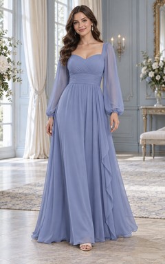 Romantisches, periwinkelfarbenes Chiffon-Brautjungfernkleid mit langen Ärmeln, herzförmigem Dekolleté, geraffter Taille und bodenlangem Schnitt
