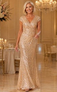 Vestido de lujo elegante para madres, largo hasta el suelo, con escote en V, lentejuelas y mangas cortas, color dorado champán brillante.