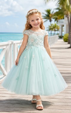 Adorable A-Line Flower Girl Dress with Jewel Neck Lace Bodice Mint Tulle Garden Celebration