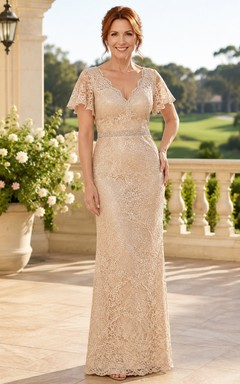 Champagne Lace Sheath Mother Dress with Flutter Sleeves