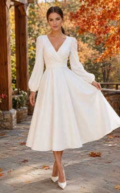 Simple V-Neck Long-Sleeve Satin A-Line Tea-Length Elopement Wedding Dress