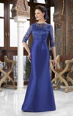 Maxi-Brautmutterkleid aus Satin mit Schleife, Rundhalsausschnitt, 3-4 Ärmeln, Spitze und Spitze