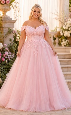 Prinzessinnenkleid in Übergröße, rosafarben, bodenlang, schulterfrei, kurze Ärmel, Tüllspitze, romantisch, luxuriös, für Abschlussball, Quinceañera oder Garten