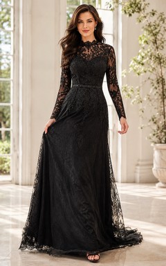 Black Lace High-Neck Long-Sleeve A-Line Sweep-Train Formal Dress