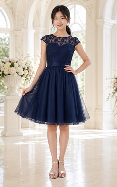 Dark Navy Junior Bridesmaid Dress A-Line Jewel Short Sleeves Lace Bodice
