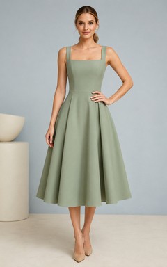 Tailored Midi Celadon A-Line Tea-Length Square Sleeveless Satin Simple Bridesmaid Dress