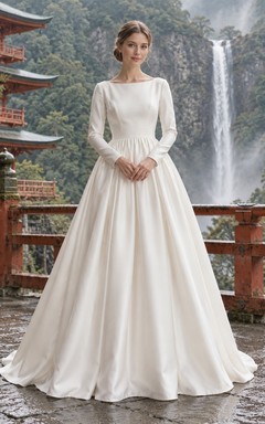 Schlichtes, elegantes Brautkleid aus Satin mit langen Ärmeln und U-Boot-Ausschnitt in A-Linie