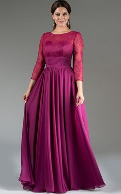 Scoop Neck Lace Top A-Line Pleated Chiffon Long Mother Of The Bride Dress With 3-4 Sleeves
