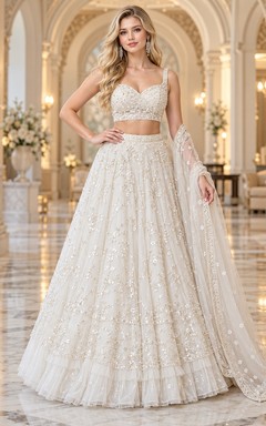 Two Piece Ivory Sweetheart Beaded Tulle Full Skirt Party Lehenga