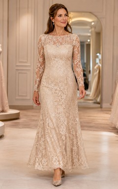 Champagne Long Sleeve Lace Mermaid Mother Tea Length Dress