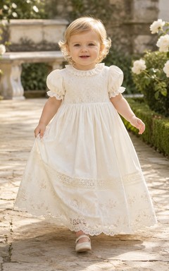 Vintage Baptism Dress A-Line Cotton Lace Jewel Neck Tea-Length Pleated Skirt
