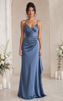 Steel Blue V-Neck Satin Sheath Bridesmaid Dress