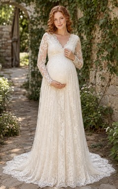 Vestido de novia premamá de manga larga con encaje integral, corte A, estilo jardín con cola.