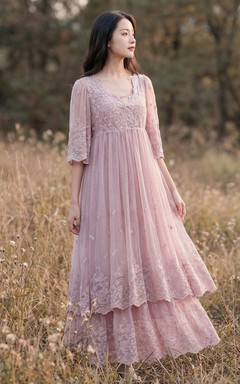 Floral Embroidered Tiered Lace Party Dress