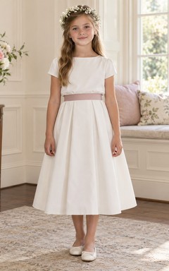 Simple Modest Tea-length White Bateau Short-sleeve Pink-waisted Gathered Zipper-back Flower Girl Dress