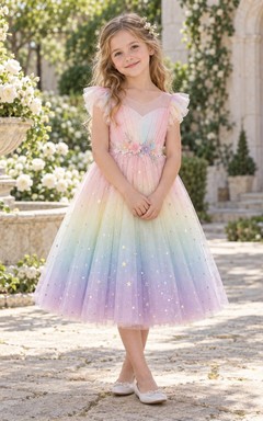Tea-length Pastel Rainbow Star Flutter Sleeve Tulle Flower Girl Dress
