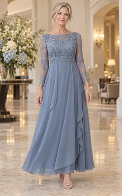 Staubblaues Brautmutterkleid im Empire-Stil, A-Linie, Teelänge, U-Boot-Ausschnitt, lange Ärmel, drapiert, aus Spitze