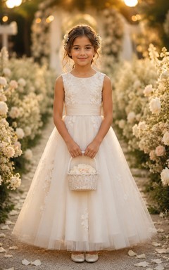 Robe de demoiselle d'honneur trapèze longue sans manches en tulle et dentelle, avec corsage en dentelle ivoire et jupe ample en tulle.
