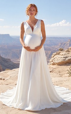 Maternity Wedding Dress V-Neck Sleeveless Satin Destination Bridal Gown with Court Train