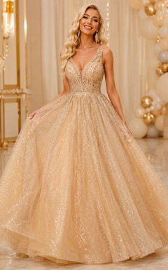 Vestido de fiesta largo hasta el suelo, sin mangas, con escote en V y lentejuelas de tul, color champán.
