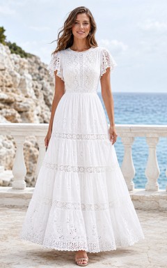 Adlib Jewel Neck Cap Sleeve Eyelet Lace Tiered A Line Beach Wedding Gown
